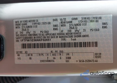 2022 Ford F-150 Xlt из США, поврежденный, VIN 1FTFW1E56NKF02851